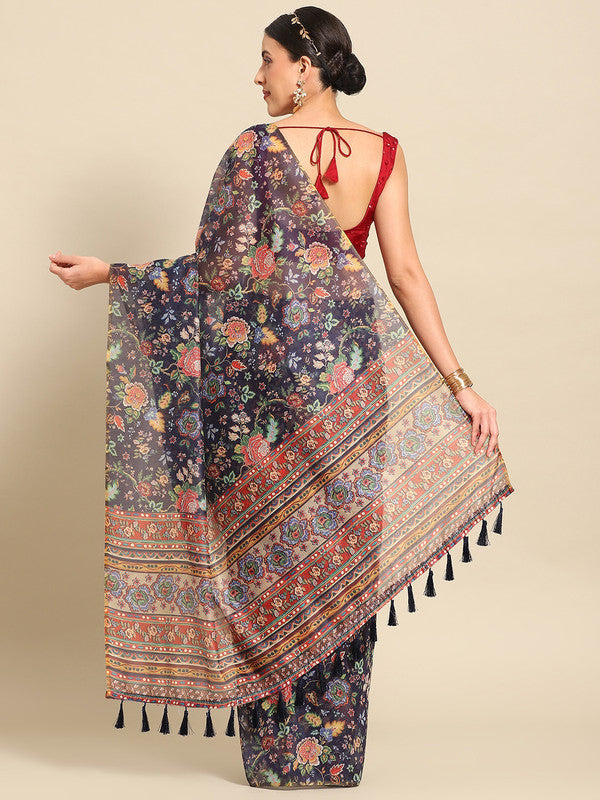 Navy Blue Pure Cotton Floral Print Saree with Unstitched Blouse