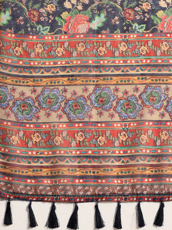 Navy Blue Pure Cotton Floral Print Saree with Unstitched Blouse