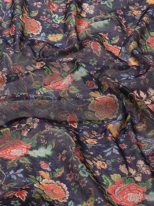 Navy Blue Pure Cotton Floral Print Saree with Unstitched Blouse