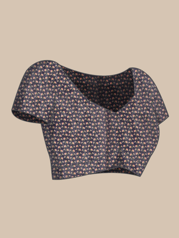 Navy Blue Pure Cotton Floral Print Saree with Unstitched Blouse