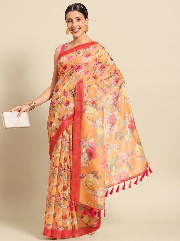Orange pure cotton saree with floral print and unstitched blouse piece