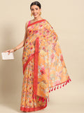 Orange pure cotton saree with floral print and unstitched blouse piece