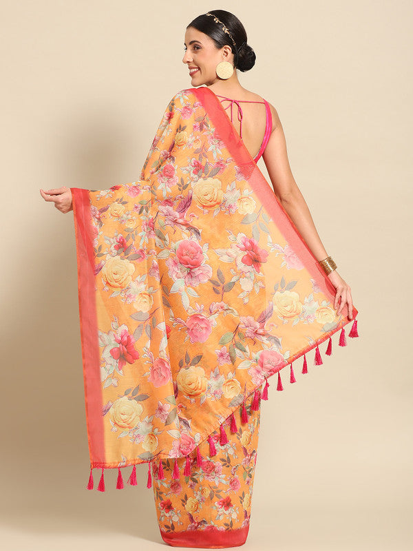 Orange Pure Cotton Floral Print Saree with Unstitched Blouse Piece