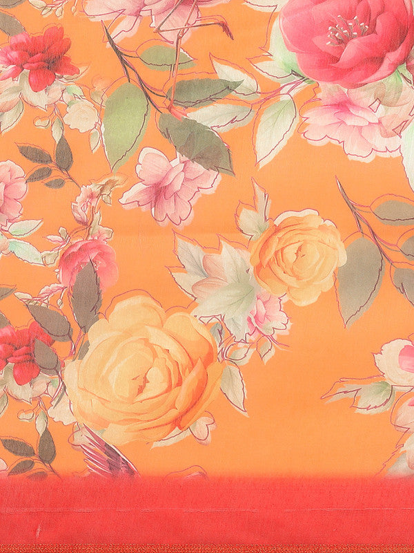 Orange Pure Cotton Floral Print Saree with Unstitched Blouse Piece