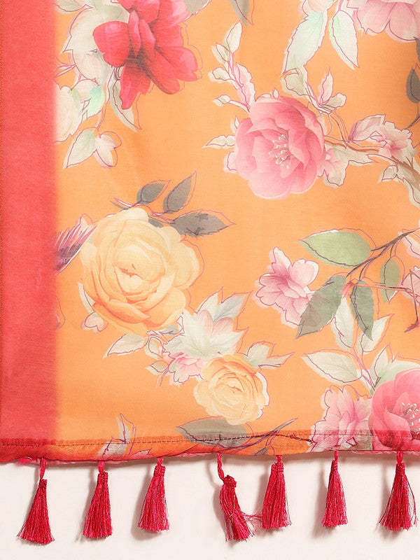 Orange Pure Cotton Floral Print Saree with Unstitched Blouse Piece