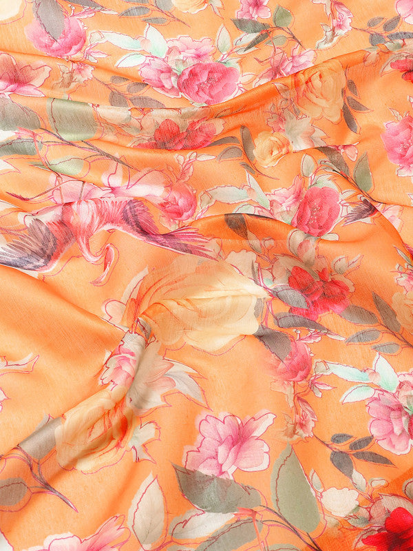 Orange Pure Cotton Floral Print Saree with Unstitched Blouse Piece