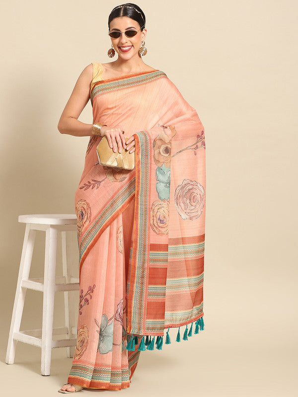 Peach pure cotton floral printed saree with matching unstitched blouse