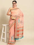 Peach pure cotton floral printed saree with matching unstitched blouse