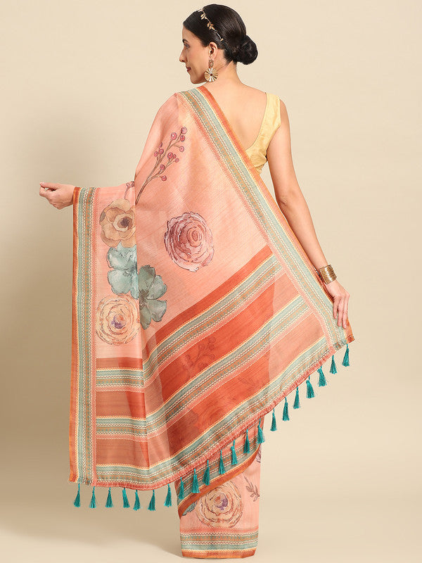 Peach Pure Cotton Floral Printed Saree with Unstitched Blouse