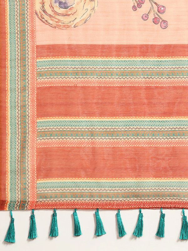 Peach Pure Cotton Floral Printed Saree with Unstitched Blouse