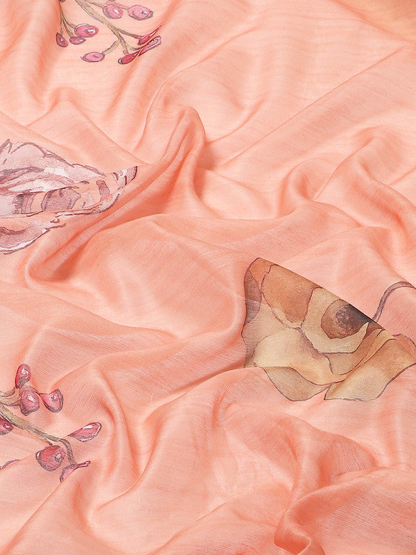 Peach Pure Cotton Floral Printed Saree with Unstitched Blouse