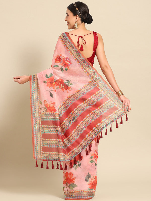 Pink Pure Cotton Floral Print Saree with Blouse Piece