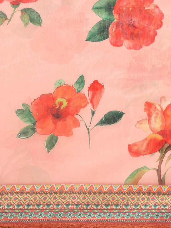 Pink Pure Cotton Floral Print Saree with Blouse Piece