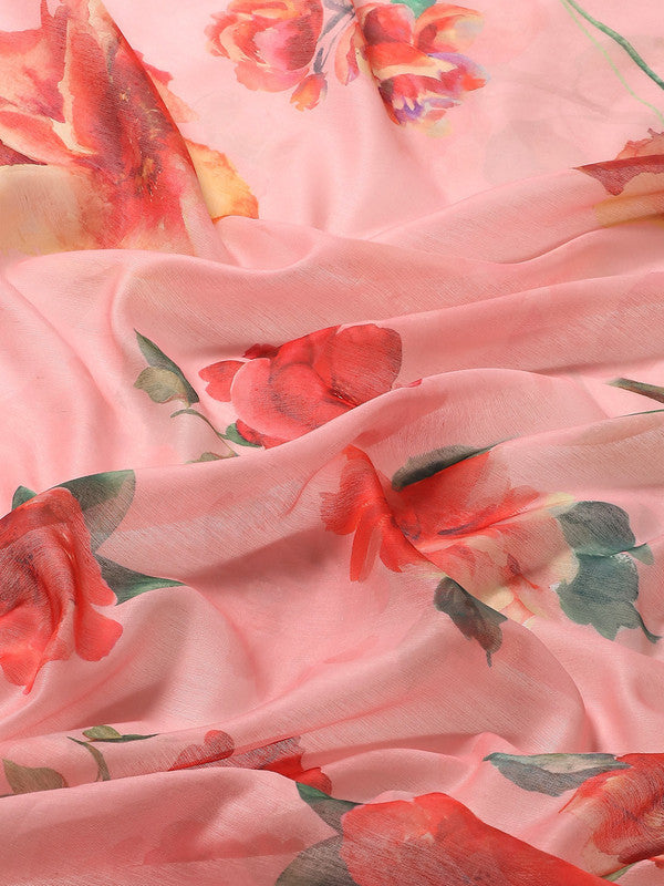 Pink Pure Cotton Floral Print Saree with Blouse Piece