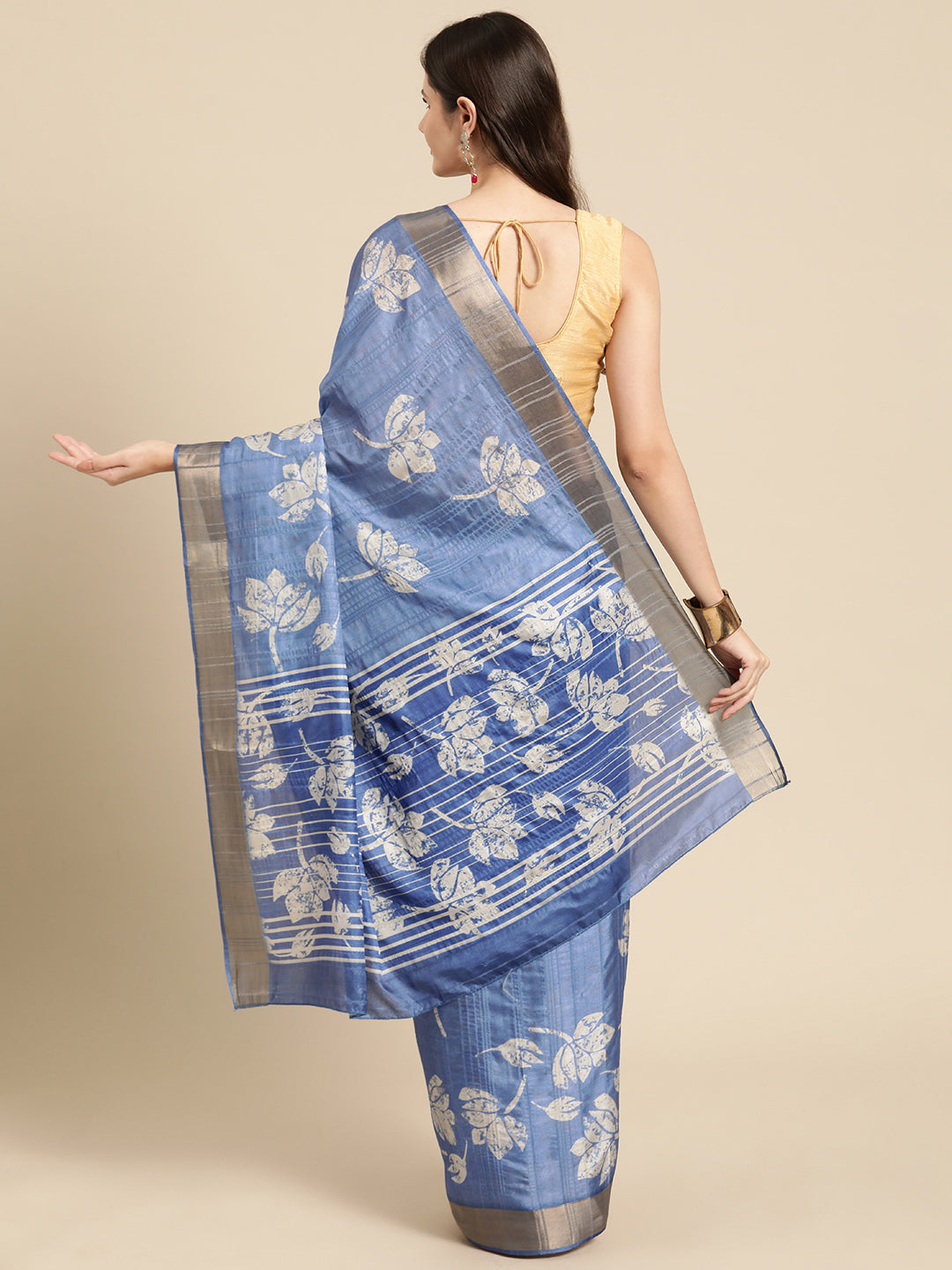 Blue Floral Digital Print Silk Blend Saree with Unstitched Blouse