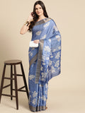 Blue silk blend floral digital print saree with unstitched blouse piece