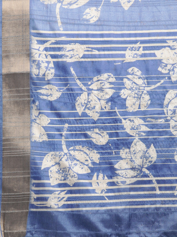 Blue Floral Digital Print Silk Blend Saree with Unstitched Blouse