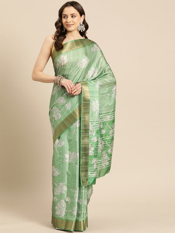 Vibrant green silk blend saree featuring beautiful digital floral prints.