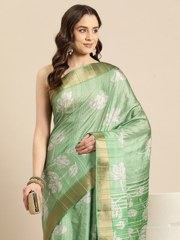 Green Silk Blend Floral Digital Print Saree
