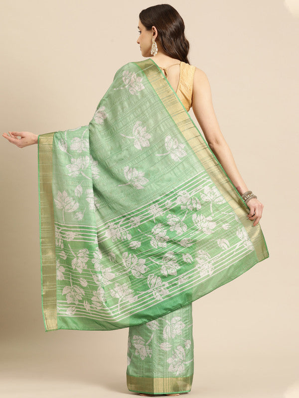 Green Silk Blend Floral Digital Print Saree