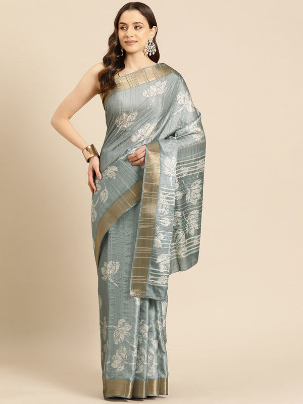Elegant gray silk blend saree featuring a digital floral print with matching unstitched blouse piece