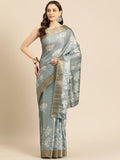 Elegant gray silk blend saree featuring a digital floral print with matching unstitched blouse piece