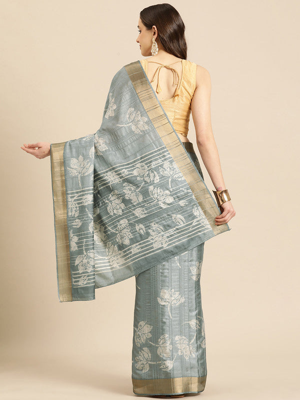 Gray Silk Blend Floral Saree with Digital Print and Unstitched Blouse
