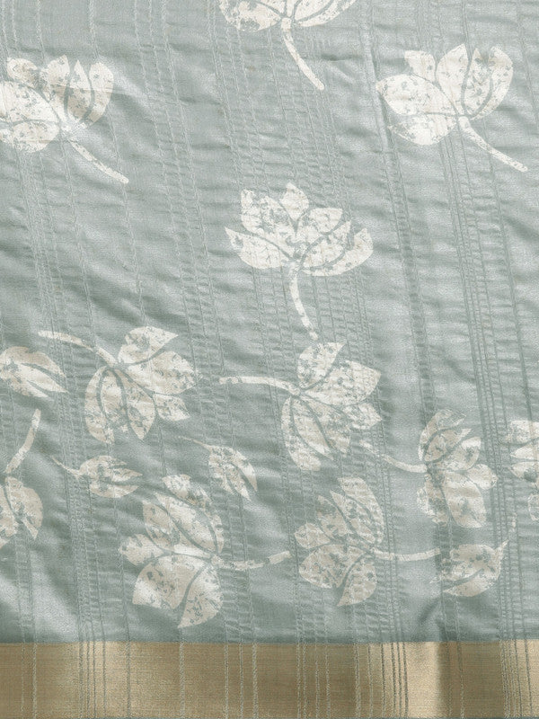 Gray Silk Blend Floral Saree with Digital Print and Unstitched Blouse