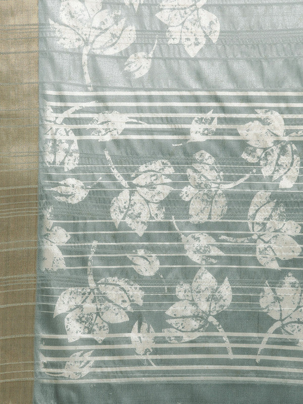 Gray Silk Blend Floral Saree with Digital Print and Unstitched Blouse