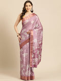Purple silk blend saree with floral digital print and matching unstitched blouse piece.
