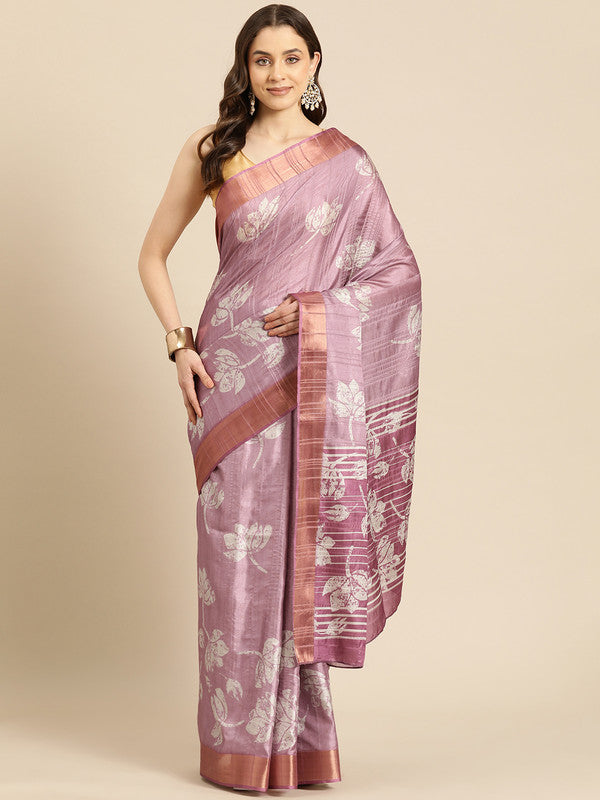 Purple silk blend saree with floral digital print and matching unstitched blouse piece.