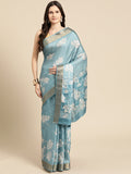 Turquoise silk blend saree with vibrant digital floral print and unstitched blouse