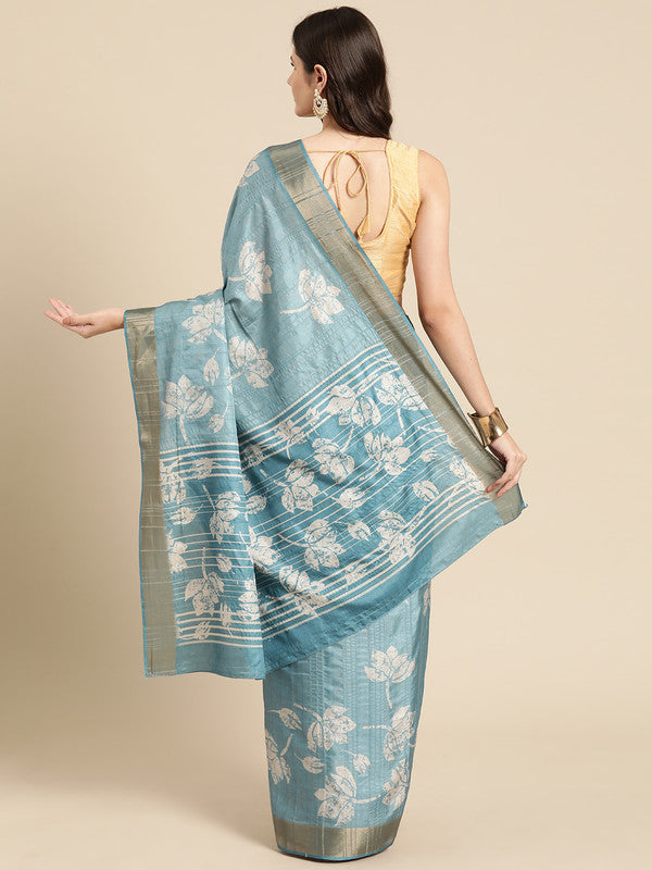 Turquoise Silk Blend Floral Digital Print Saree with Blouse