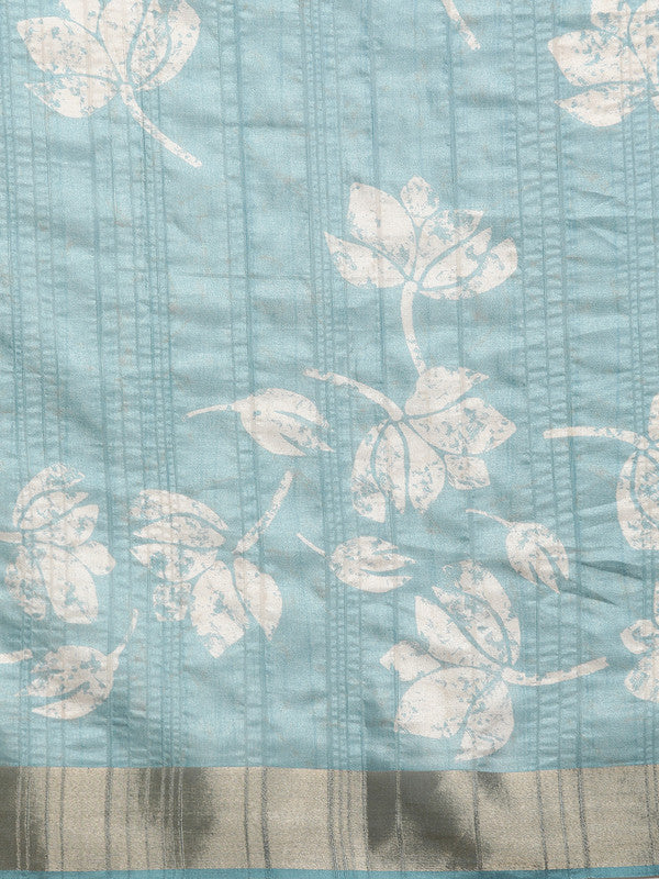 Turquoise Silk Blend Floral Digital Print Saree with Blouse