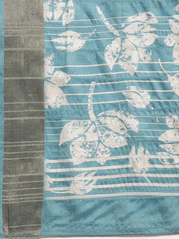 Turquoise Silk Blend Floral Digital Print Saree with Blouse
