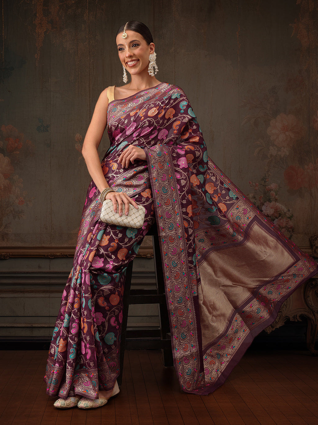 Purple Jamdani cotton saree featuring floral woven thread work