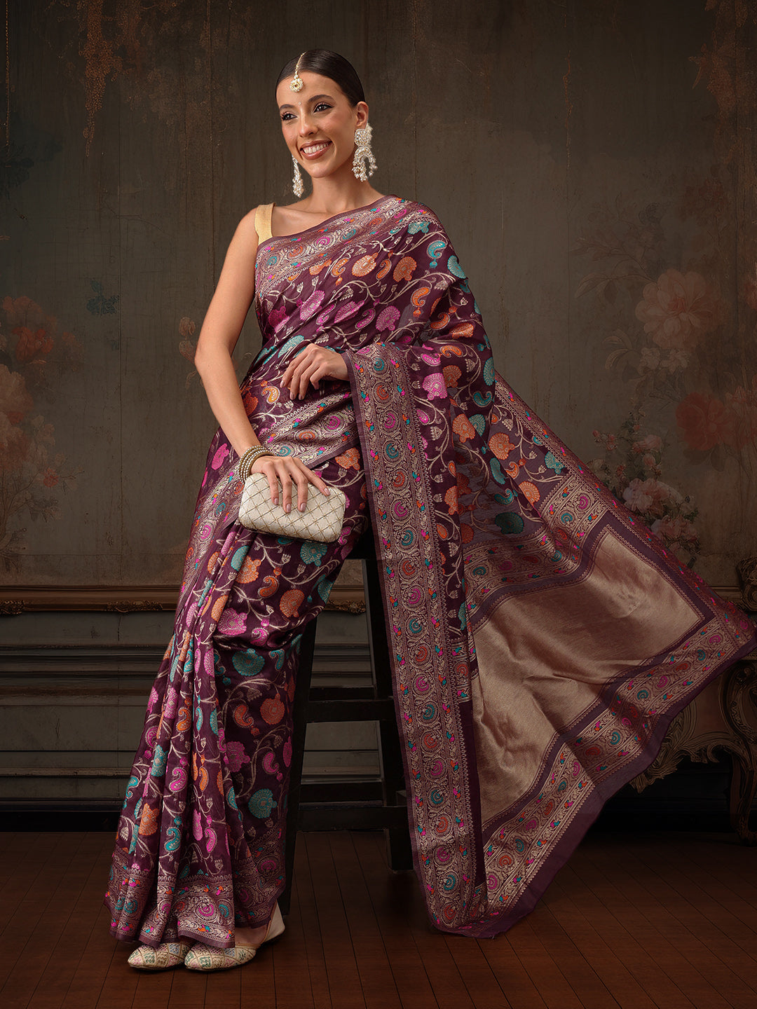 Purple Jamdani cotton saree featuring floral woven thread work