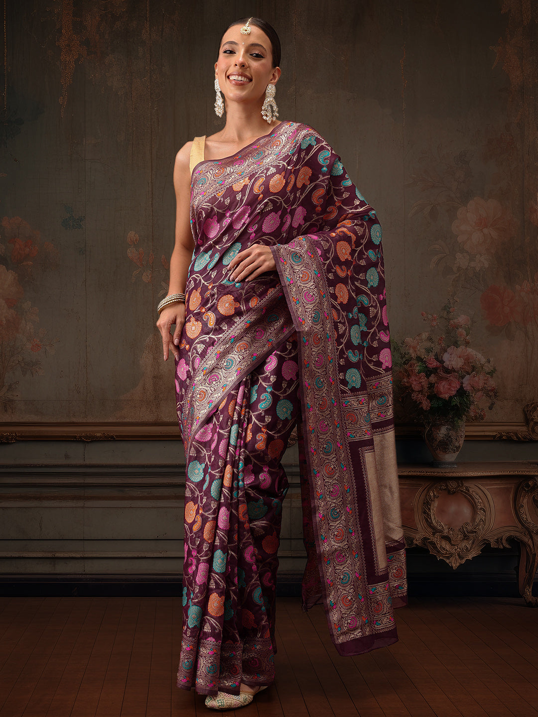 Purple Jamdani Cotton Saree with Floral Woven Thread Details