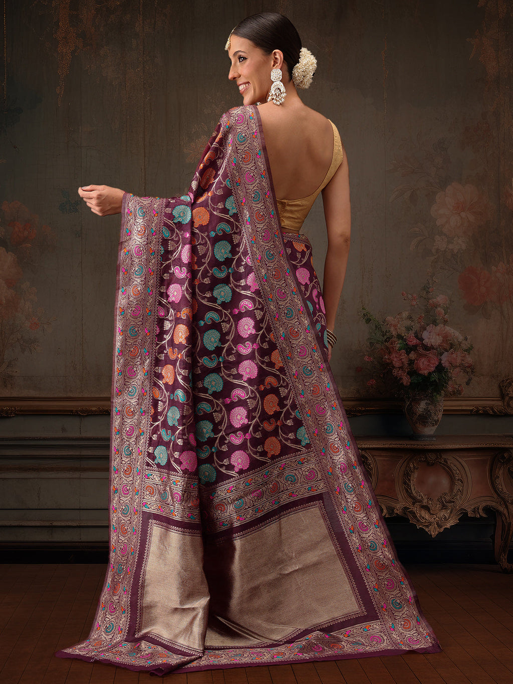 Purple Jamdani Cotton Saree with Floral Woven Thread Details