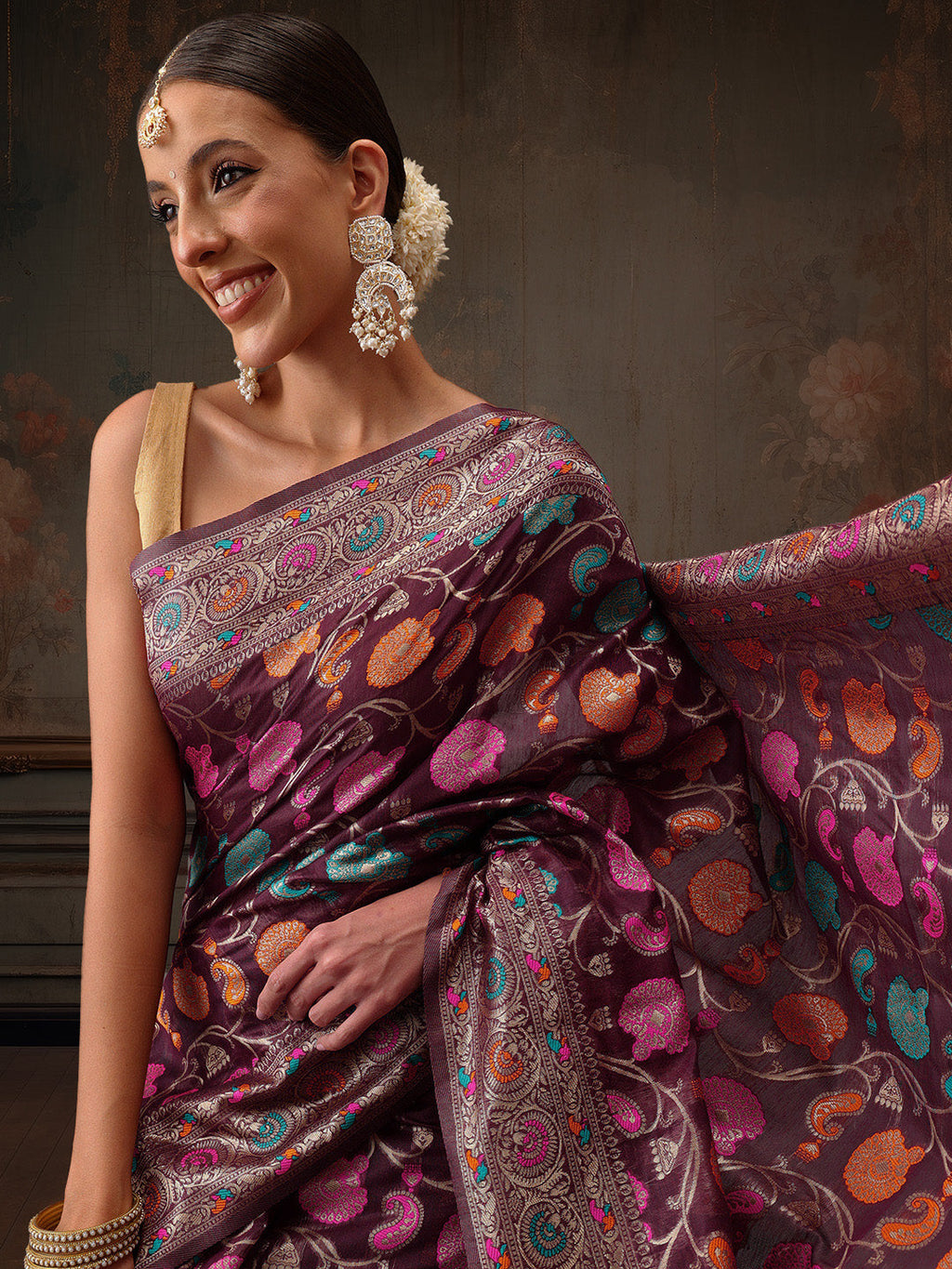 Purple Jamdani Cotton Saree with Floral Woven Thread Details