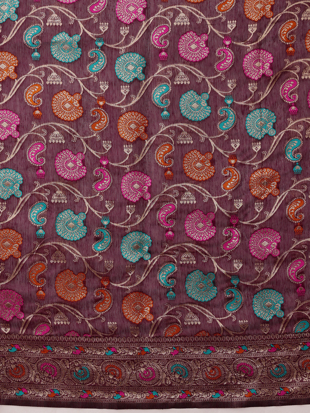 Purple Jamdani Cotton Saree with Floral Woven Thread Details