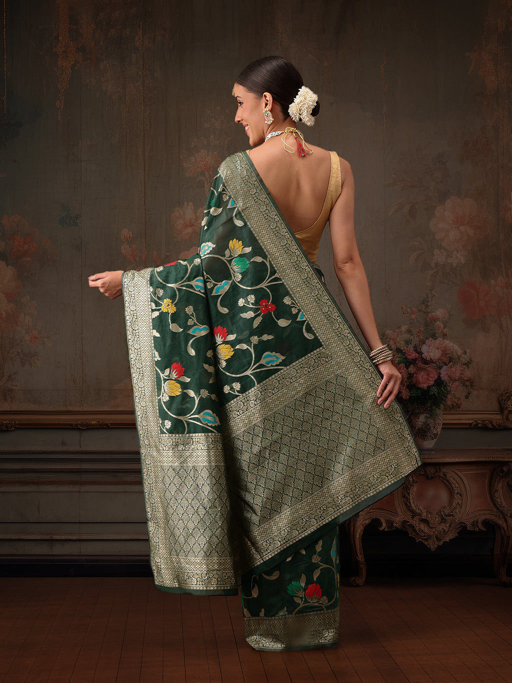 Green Jamdani Cotton Saree with Floral Woven Thread Work