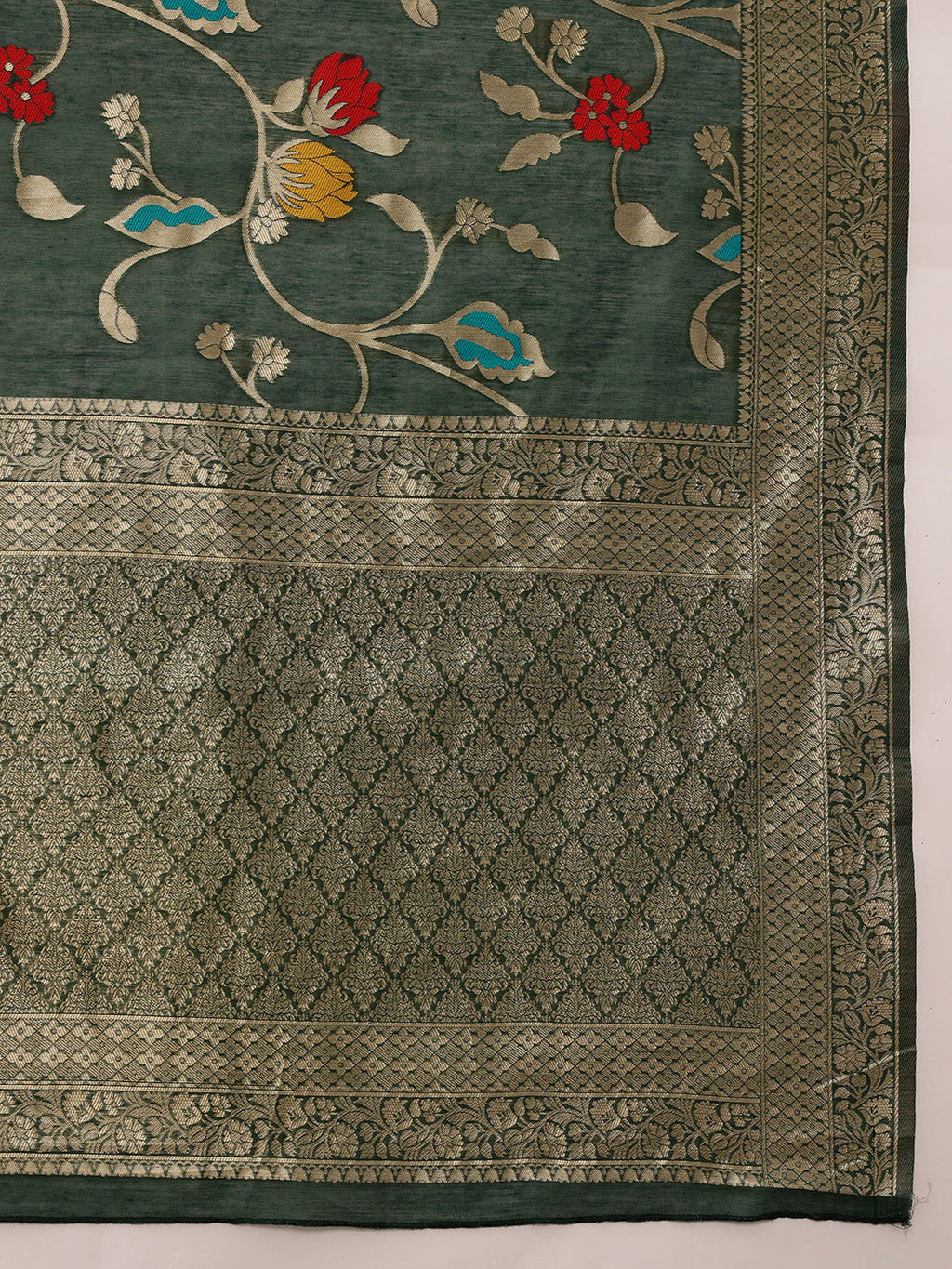 Green Jamdani Cotton Saree with Floral Woven Thread Work