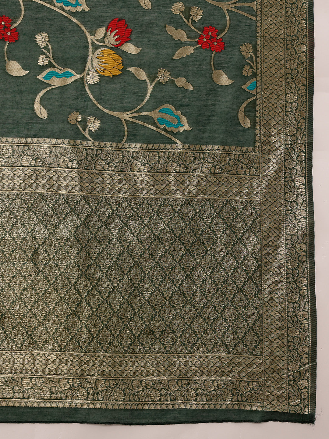 Green Jamdani Cotton Saree with Floral Woven Thread Work