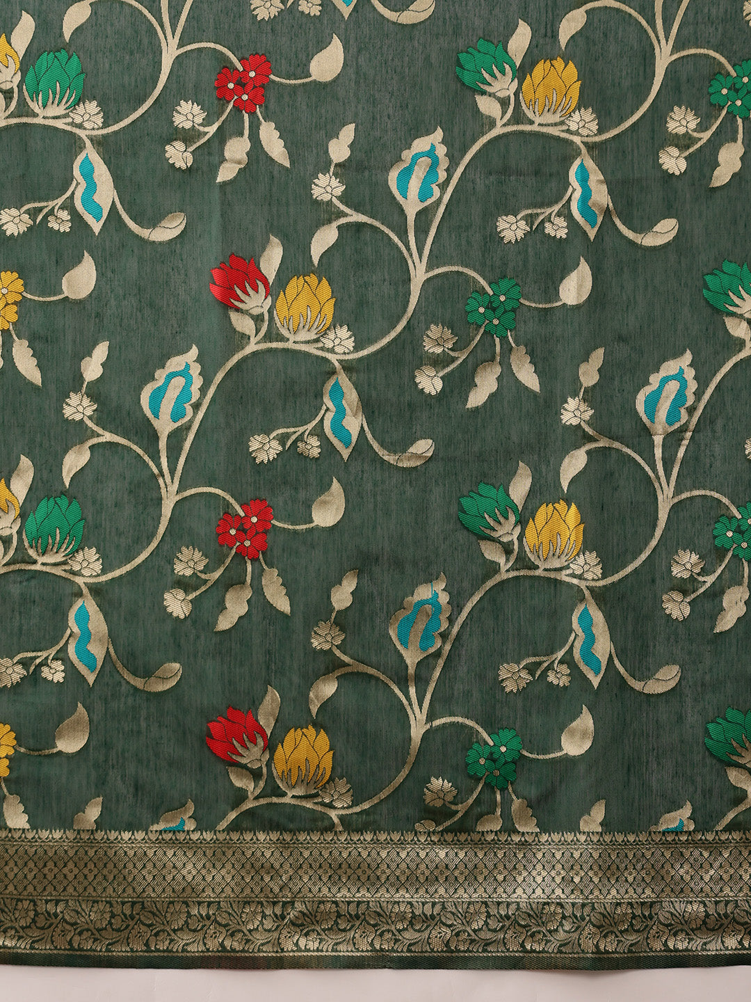 Green Jamdani Cotton Saree with Floral Woven Thread Work