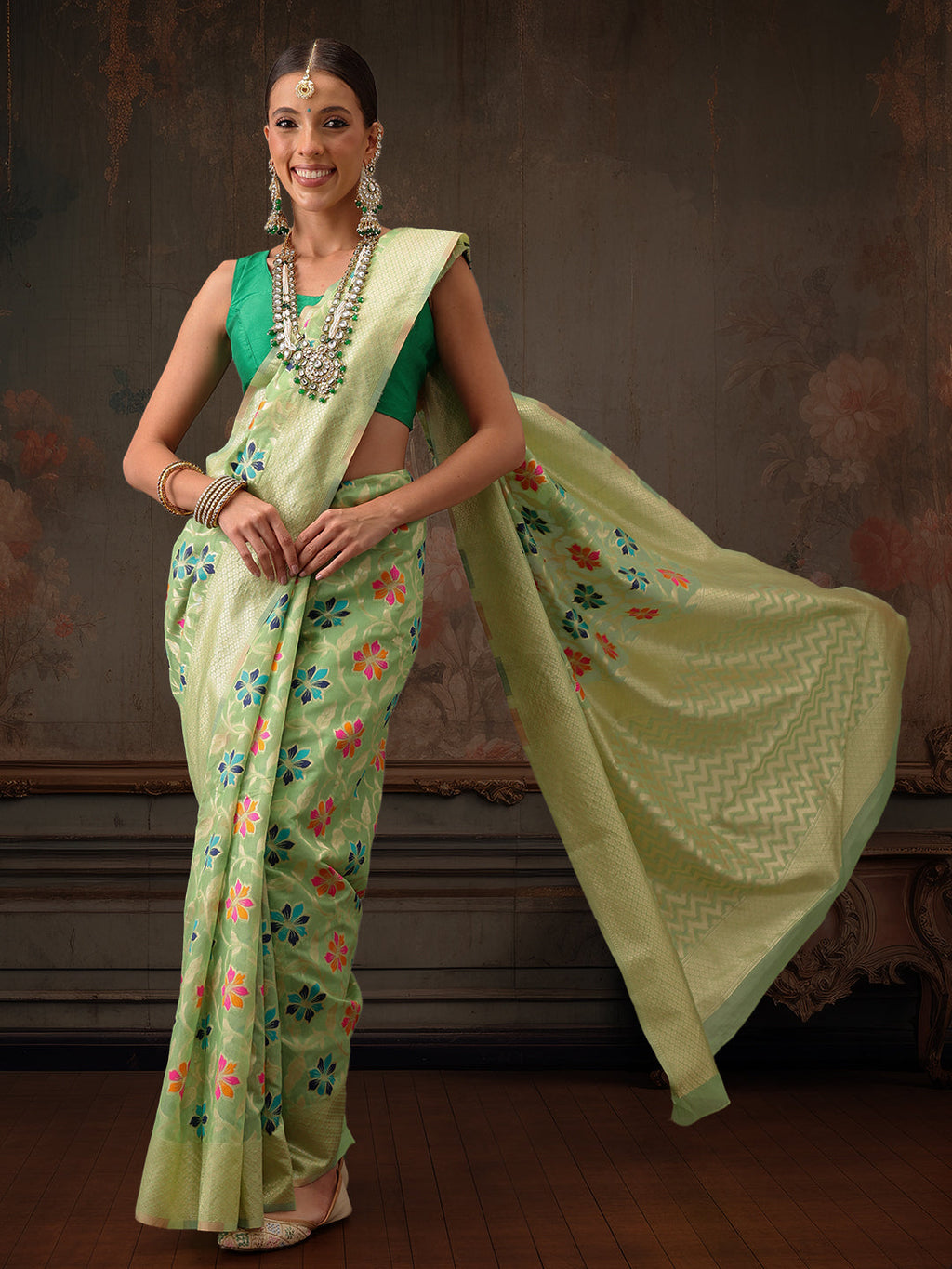 Lime Green Jamdani Cotton Saree with Floral Woven Thread