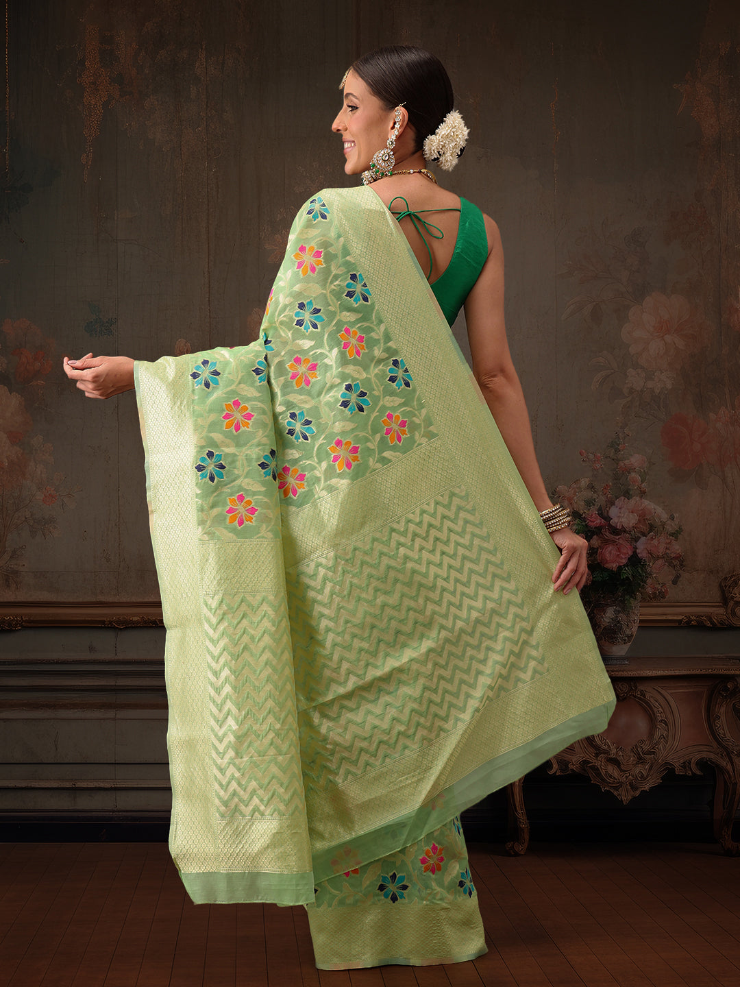 Lime Green Jamdani Cotton Saree with Floral Woven Thread