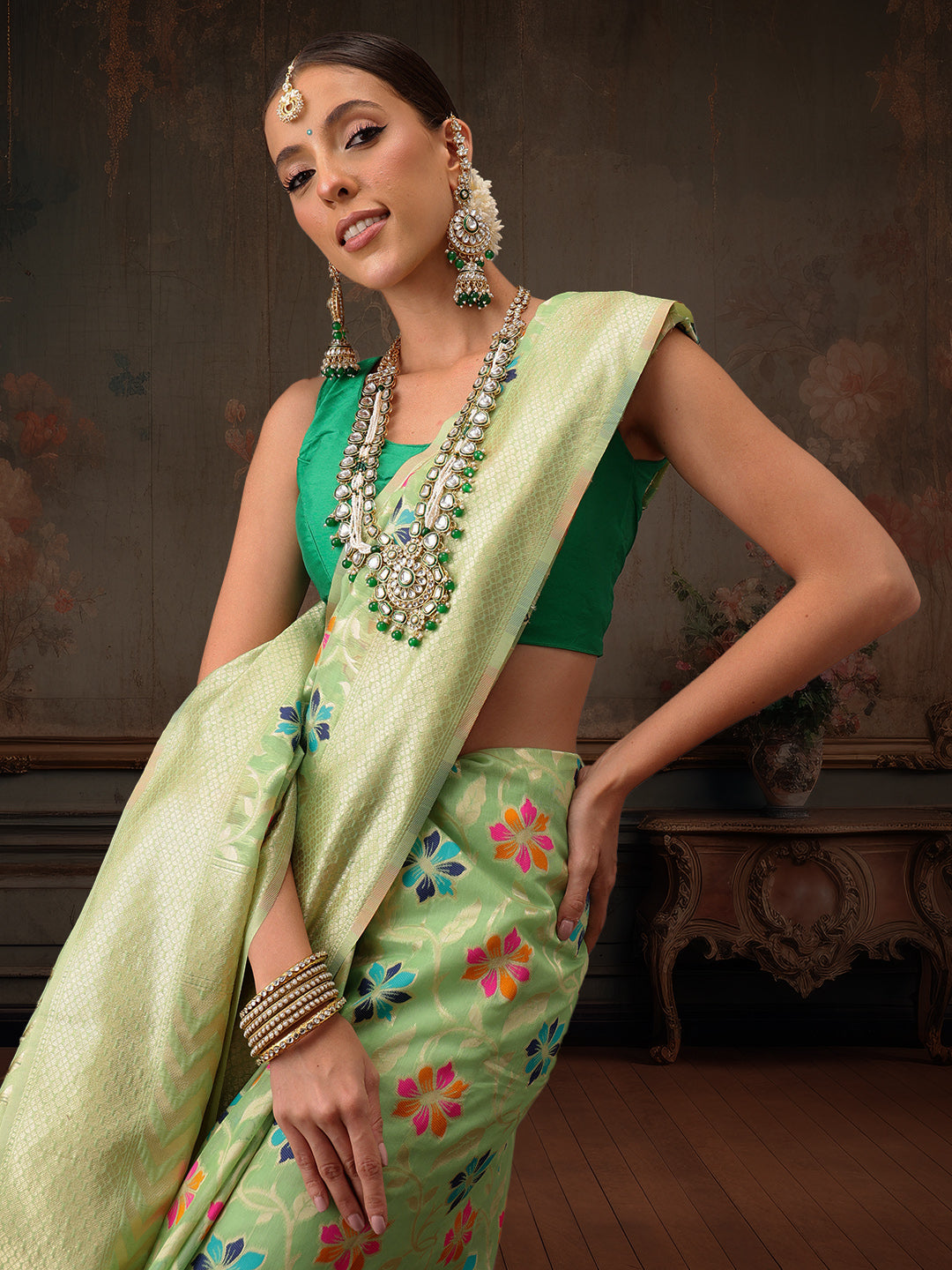 Lime Green Jamdani Cotton Saree with Floral Woven Thread