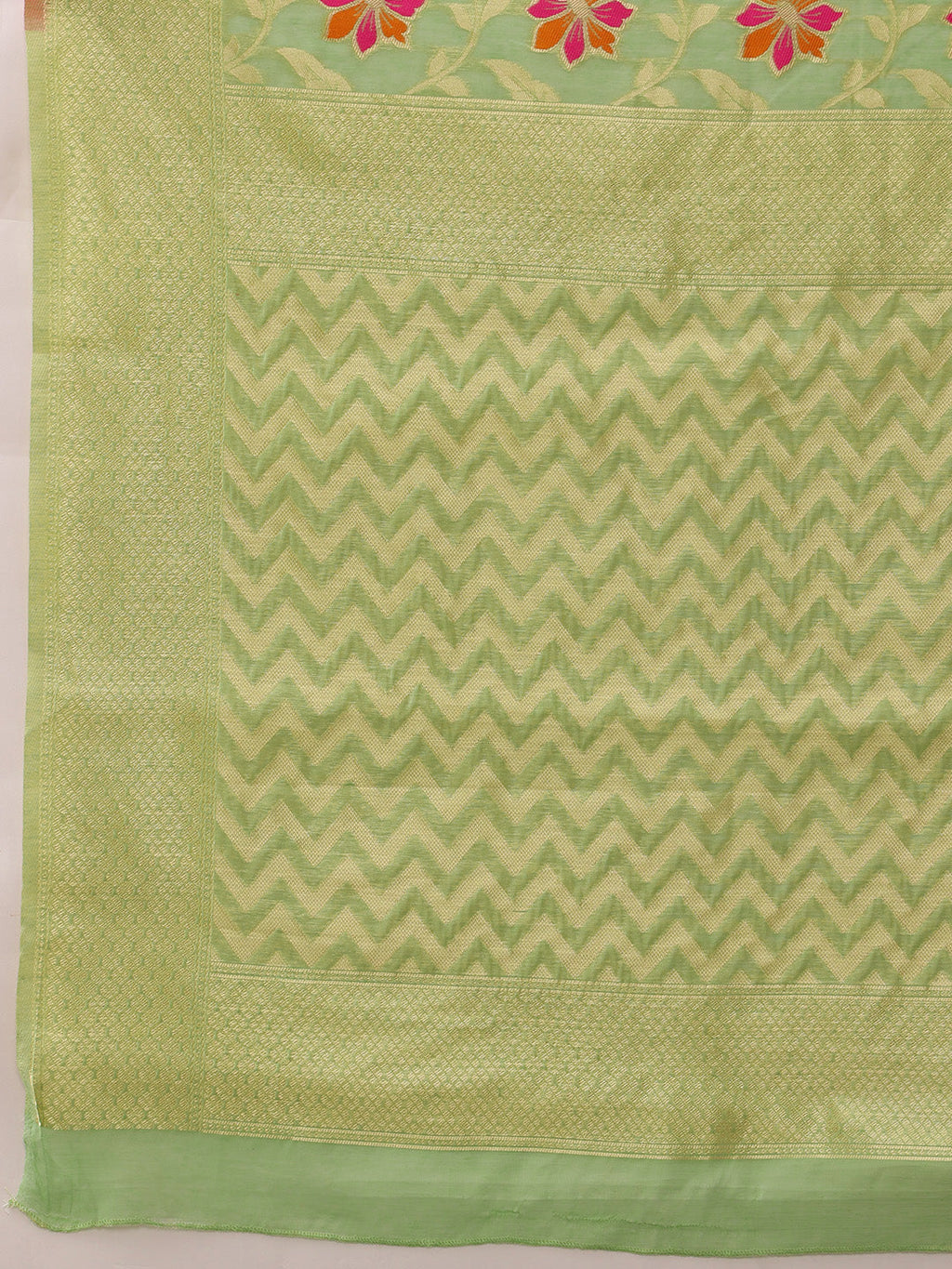Lime Green Jamdani Cotton Saree with Floral Woven Thread
