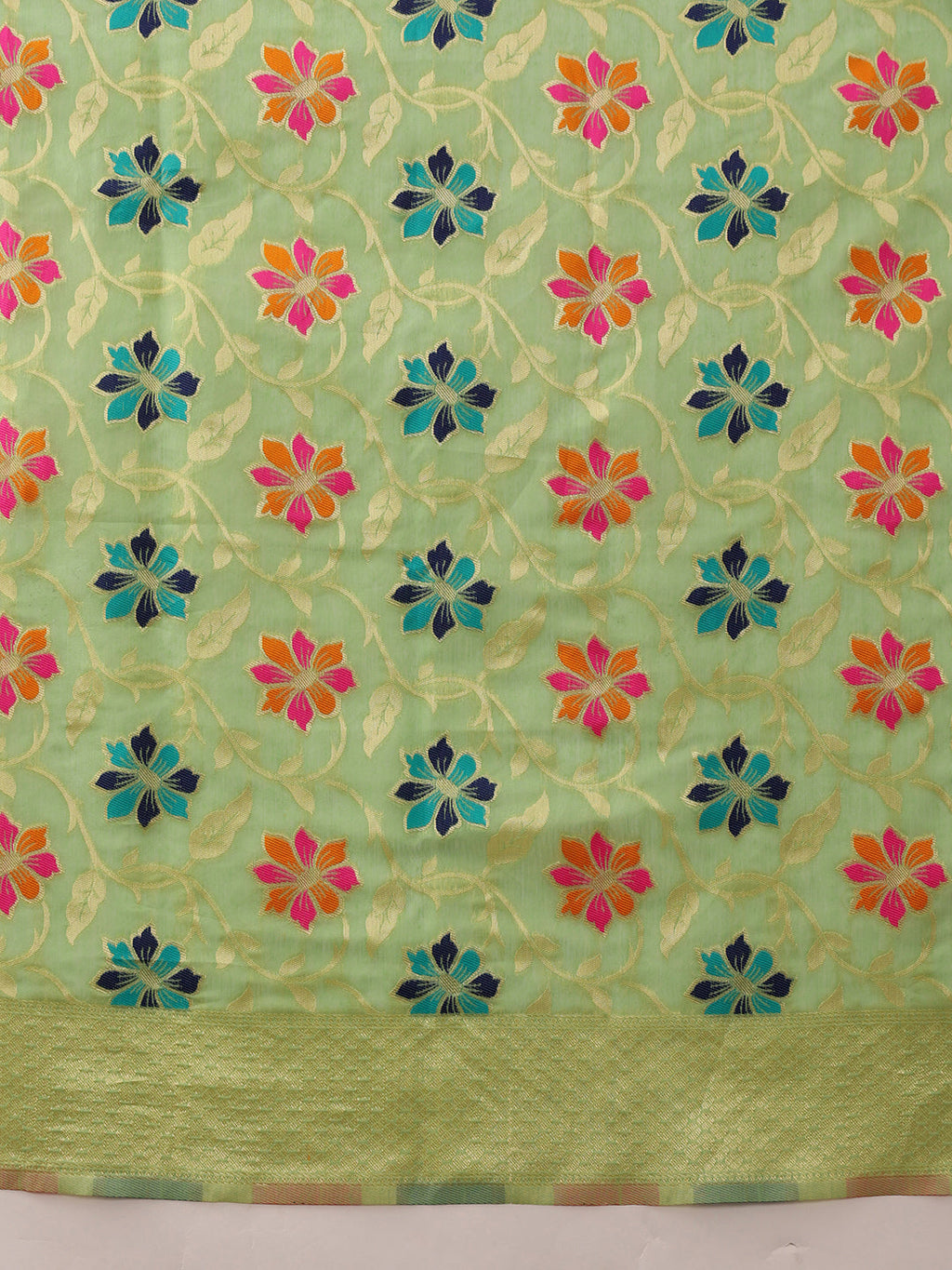 Lime Green Jamdani Cotton Saree with Floral Woven Thread